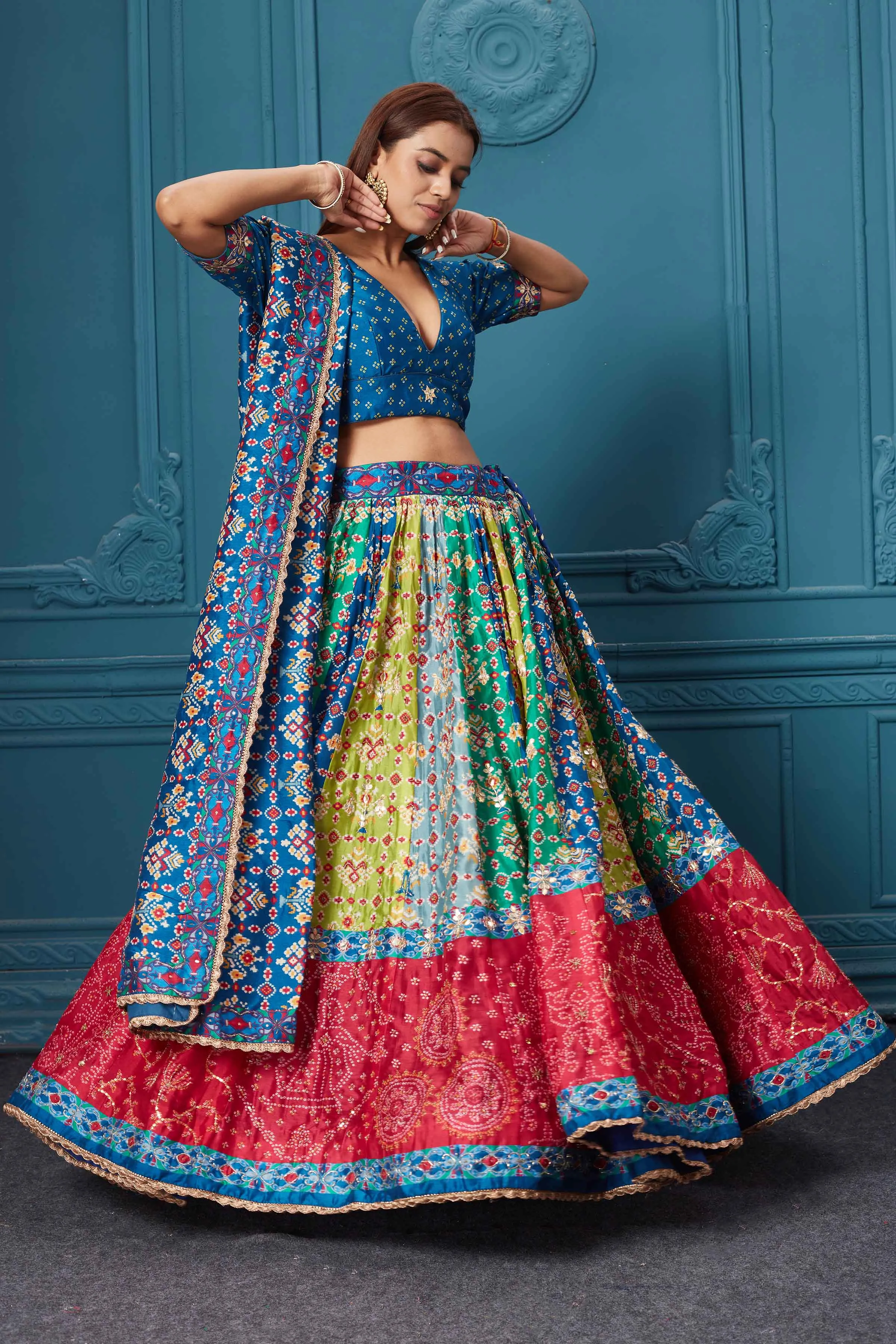310042 Dark Blue Printed Lehenga with Dupatta