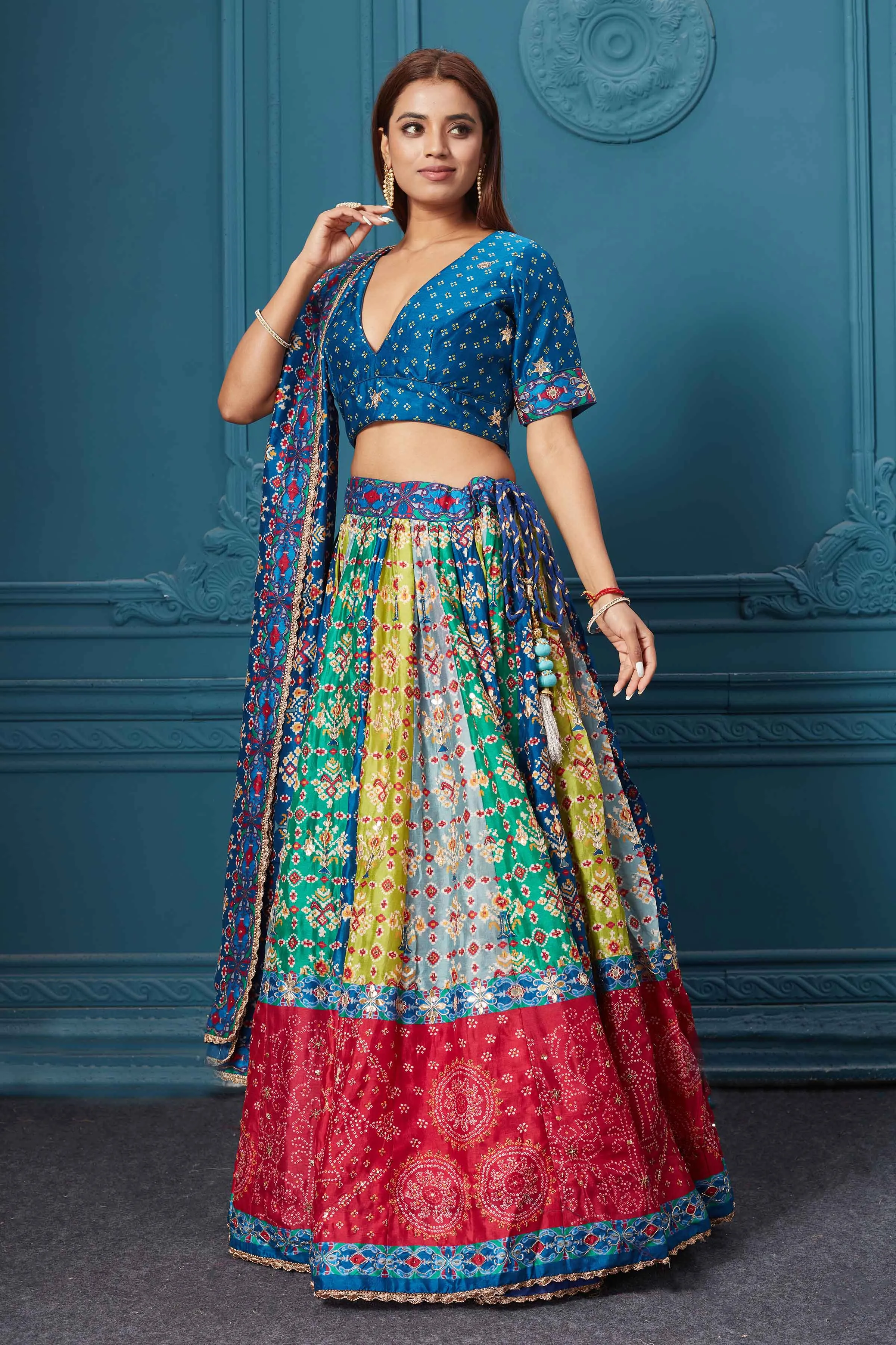 310042 Dark Blue Printed Lehenga with Dupatta