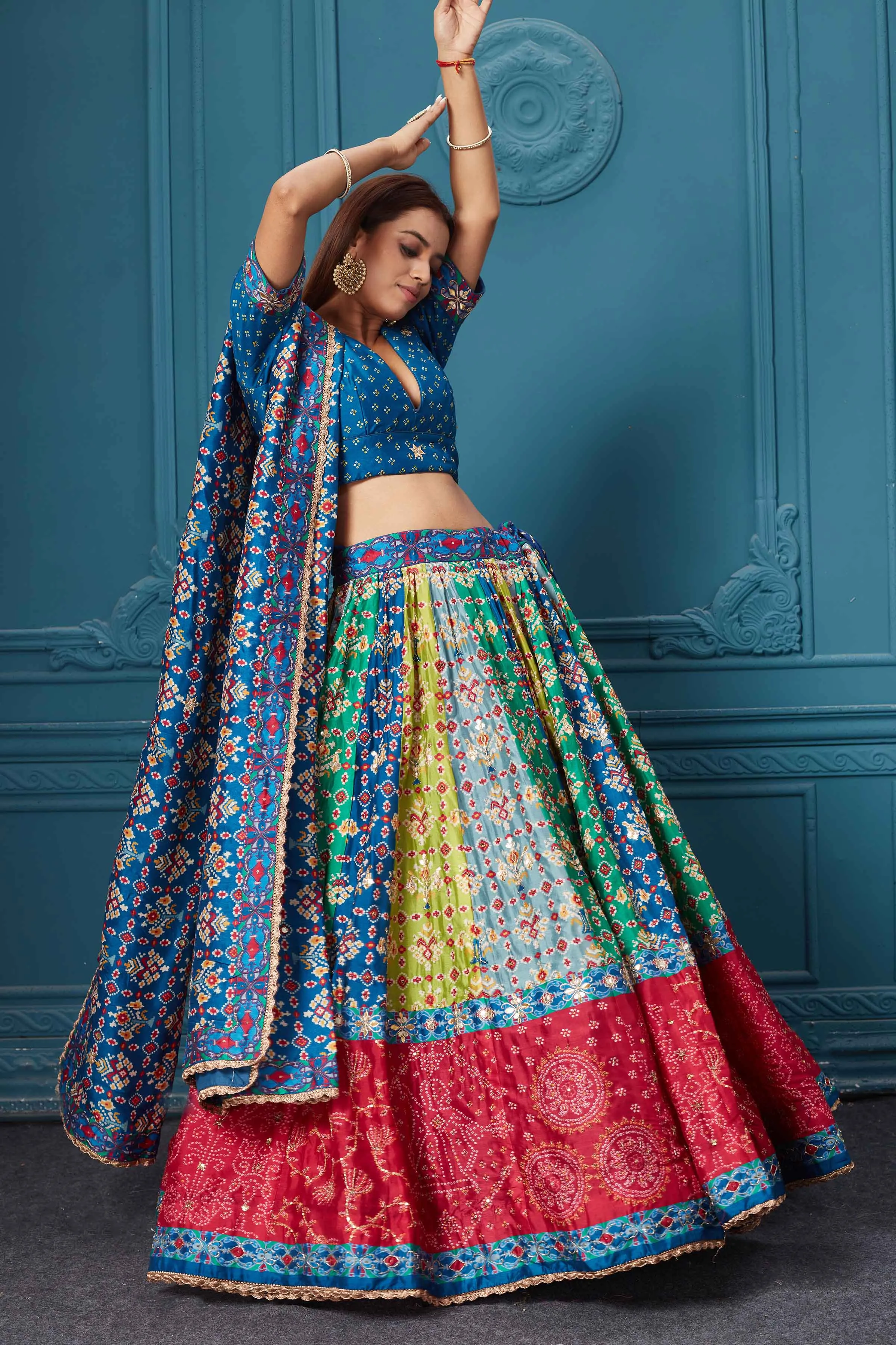 310042 Dark Blue Printed Lehenga with Dupatta