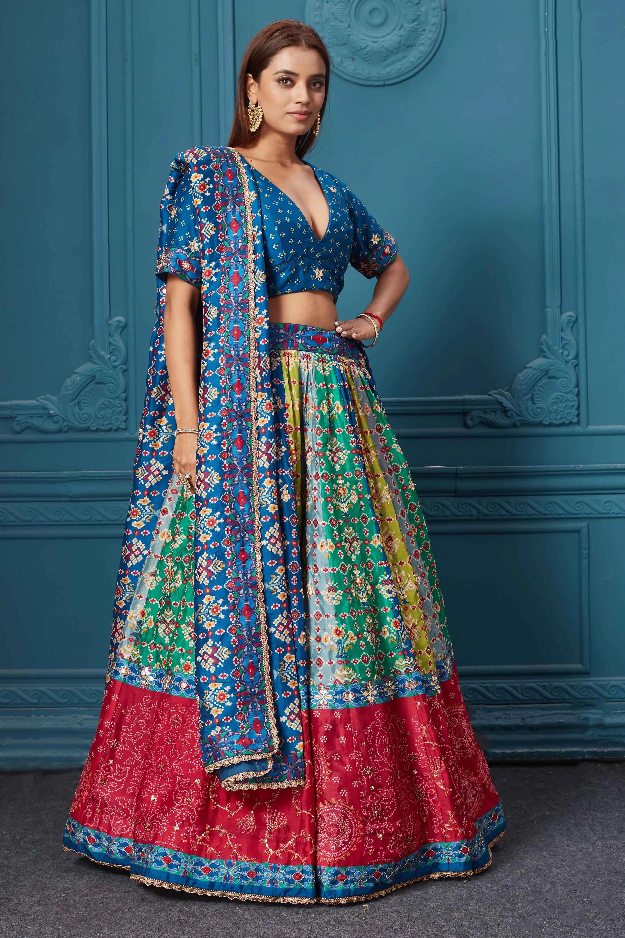 310042 Dark Blue Printed Lehenga with Dupatta