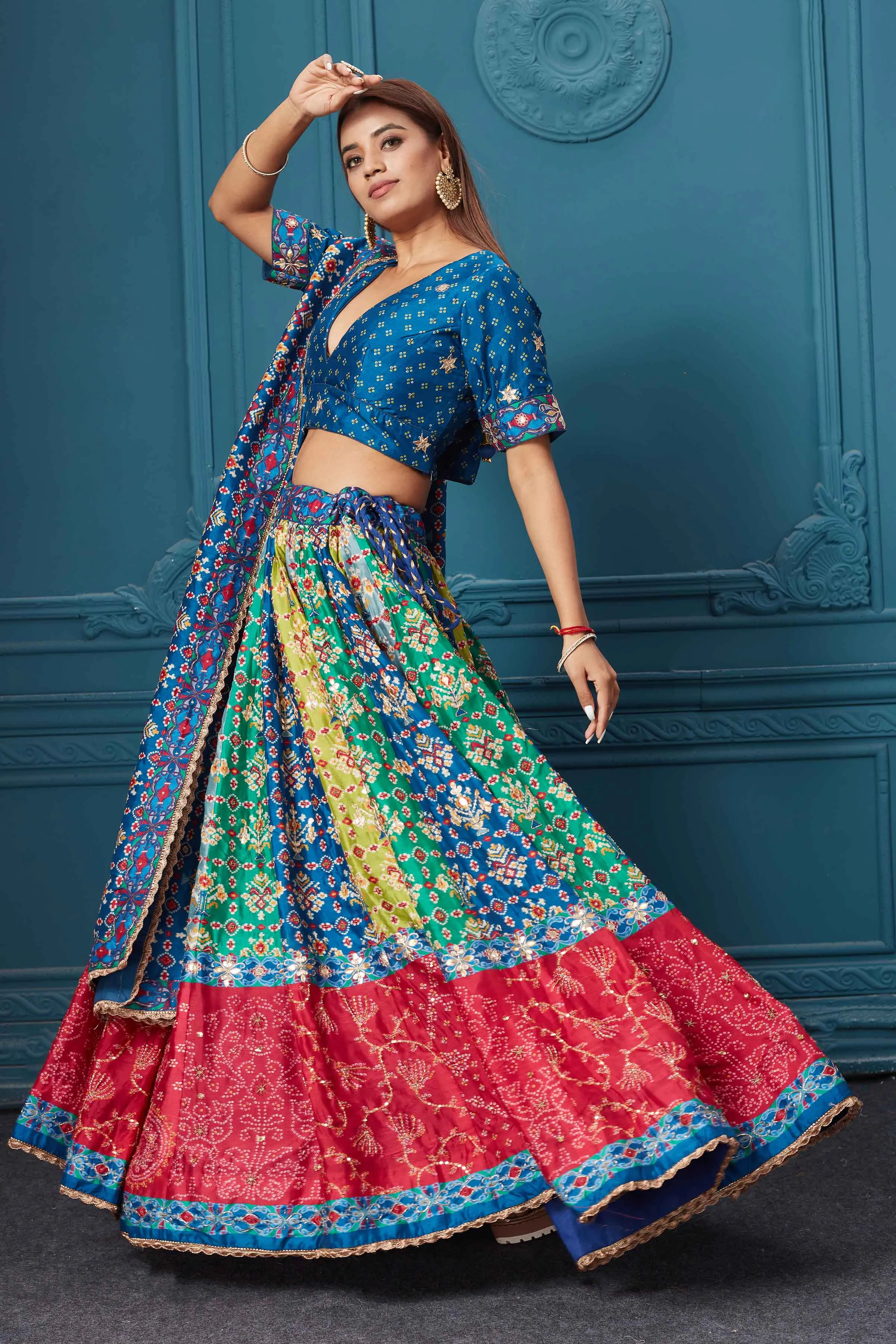 310042 Dark Blue Printed Lehenga with Dupatta