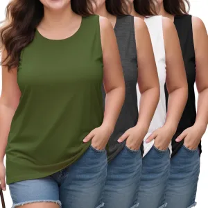 4 Pack Women's Cotton Plus Size Tank Tops, Scoop Neck Sleeveless Shirts Casual Summer Ladies Basic T-Shirts Tee