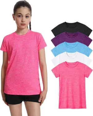 5 Pack Girls Athletic Shirts Short Sleeve Dry Fit Sports T-Shirts Crew Neck Activewear Tees Tops for Kids Teens