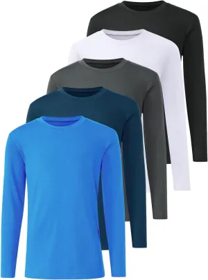 5 Pack: Youth Boys Long Sleeve Shirts Dry Fit Athletic T Shirts for Teens Kids Performance Activewear Tops Tees