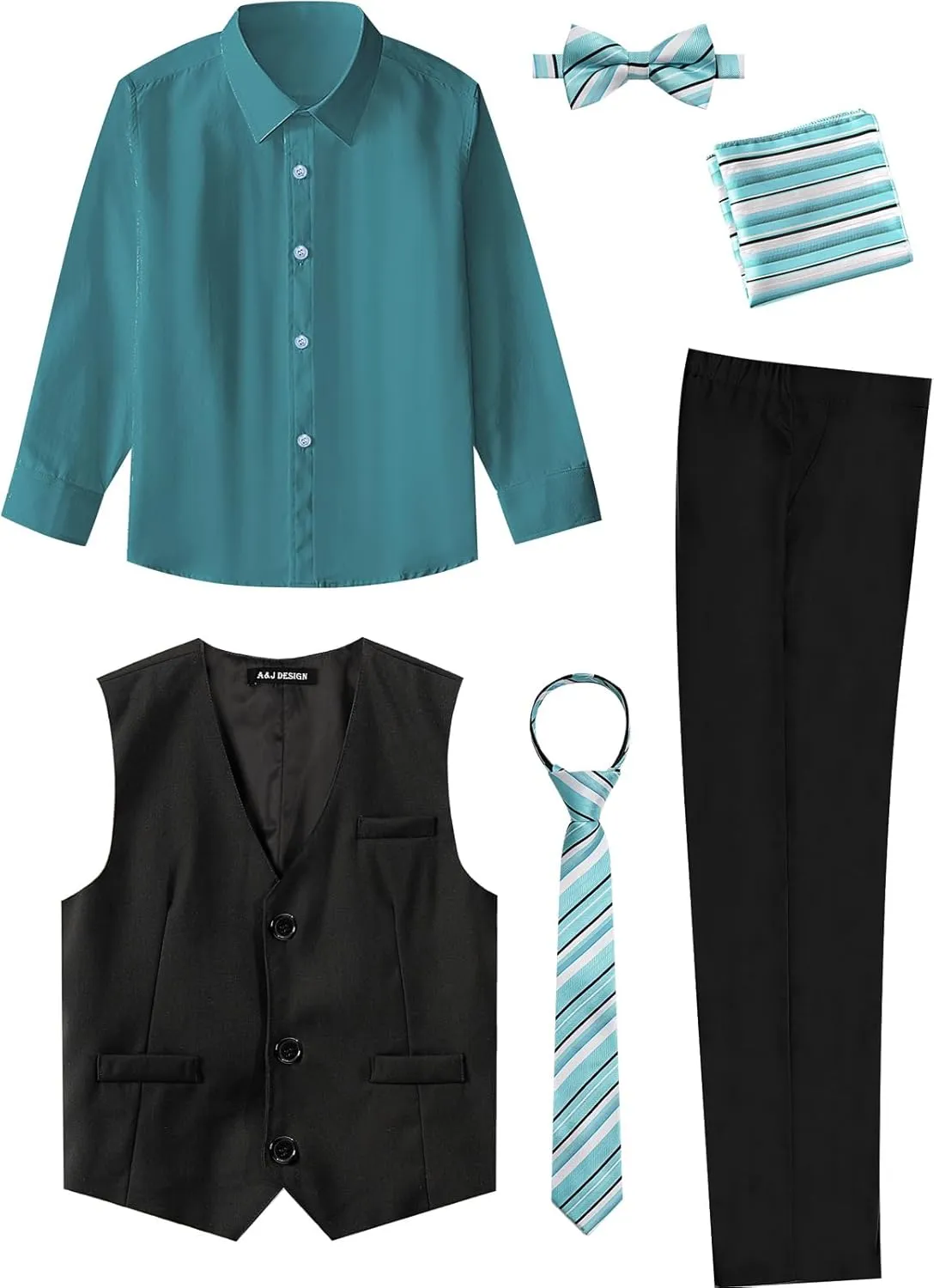 A&J DESIGN Boys 6-Piece Formal Suit Vest and Pant Set with Dress Shirts, Vest, Pants, Tie, Bowtie and Pocket Square