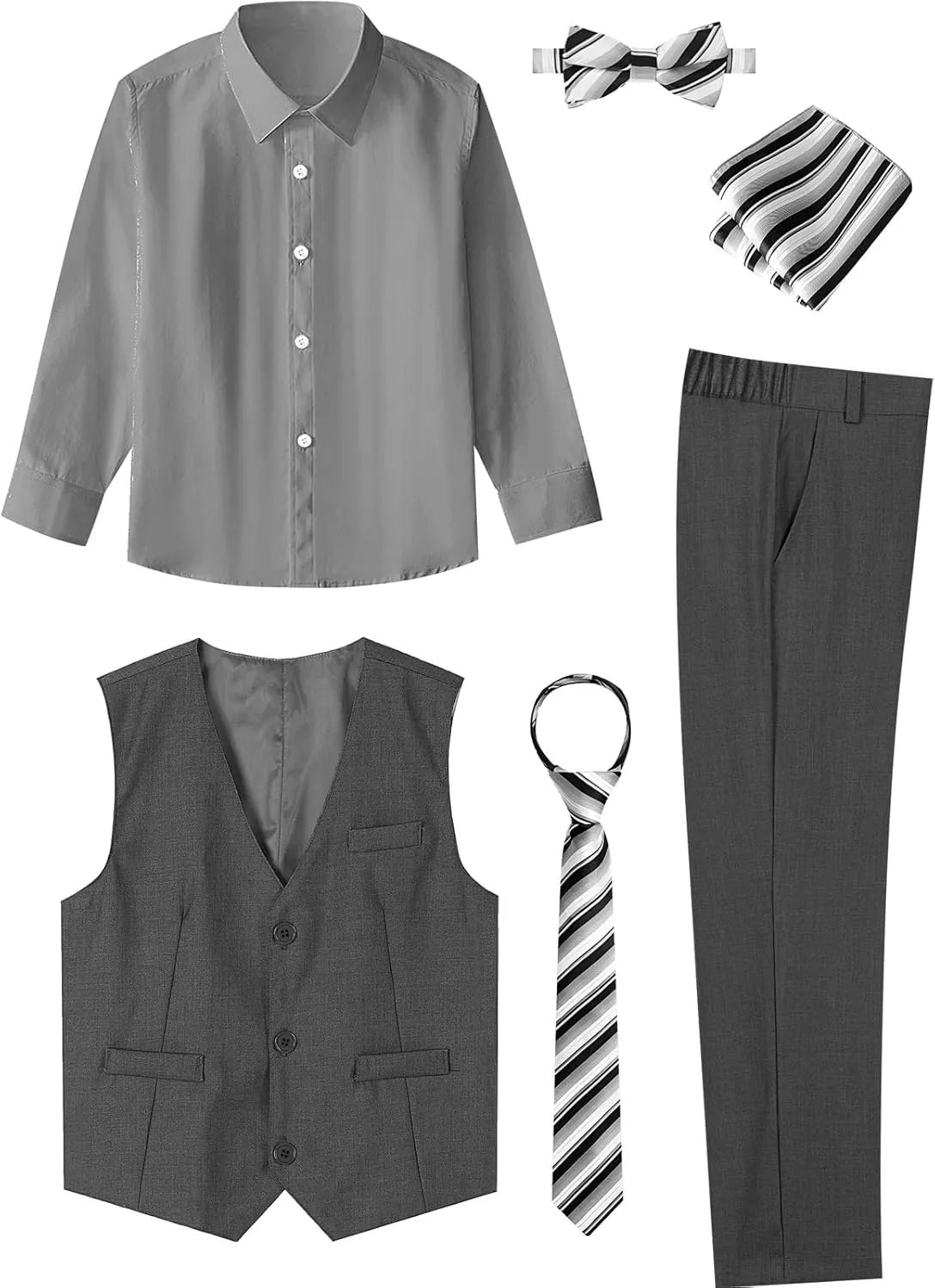 A&J DESIGN Boys 6-Piece Formal Suit Vest and Pant Set with Dress Shirts, Vest, Pants, Tie, Bowtie and Pocket Square
