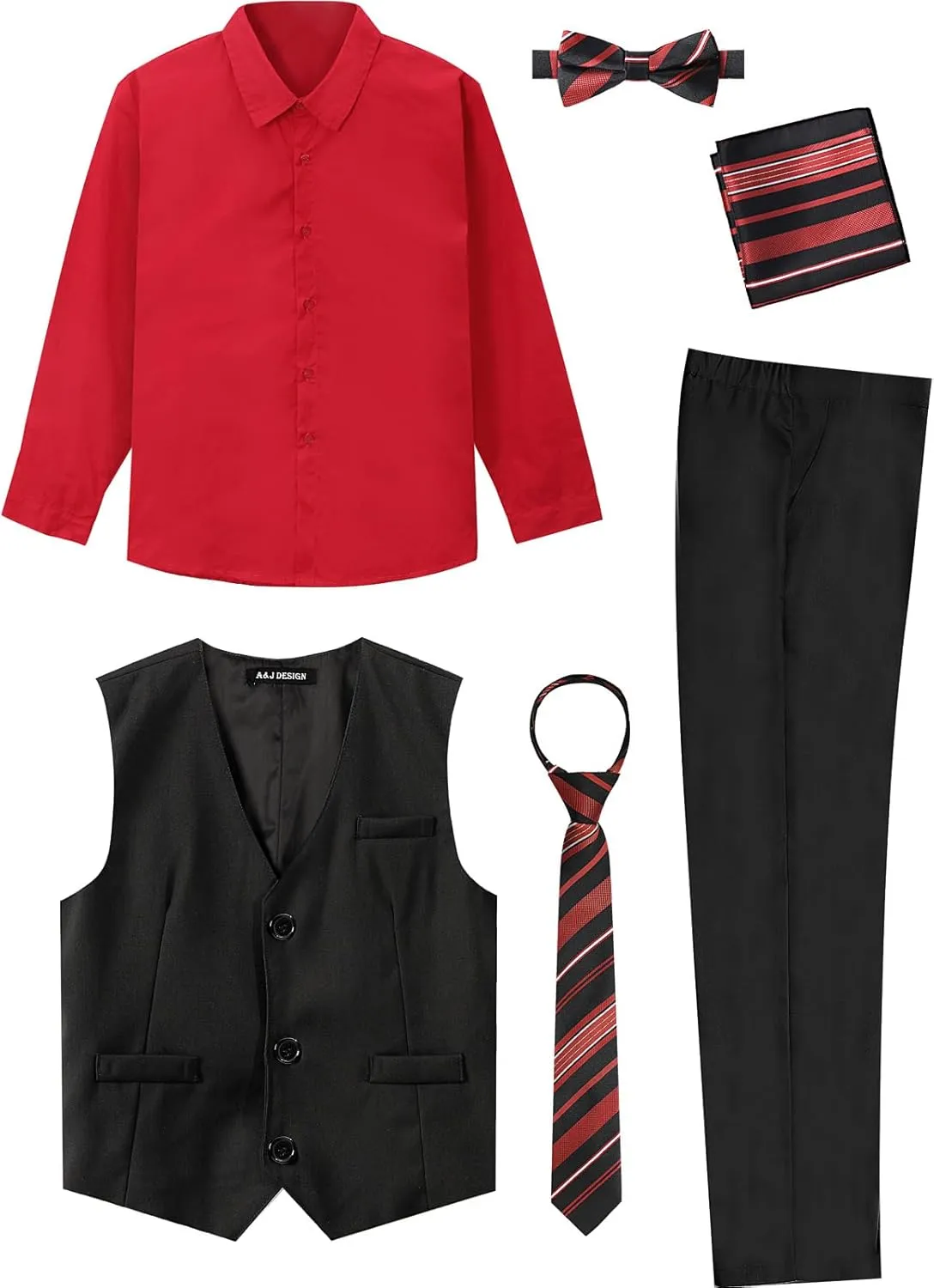 A&J DESIGN Boys 6-Piece Formal Suit Vest and Pant Set with Dress Shirts, Vest, Pants, Tie, Bowtie and Pocket Square