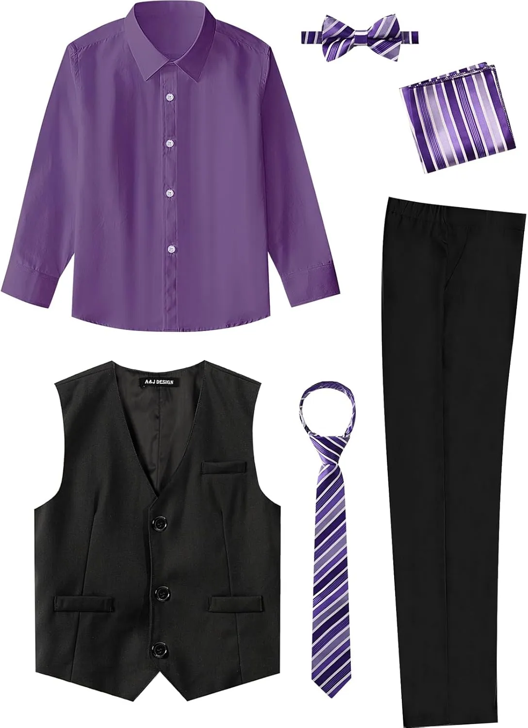 A&J DESIGN Boys 6-Piece Formal Suit Vest and Pant Set with Dress Shirts, Vest, Pants, Tie, Bowtie and Pocket Square