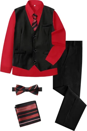 A&J DESIGN Boys 6-Piece Formal Suit Vest and Pant Set with Dress Shirts, Vest, Pants, Tie, Bowtie and Pocket Square