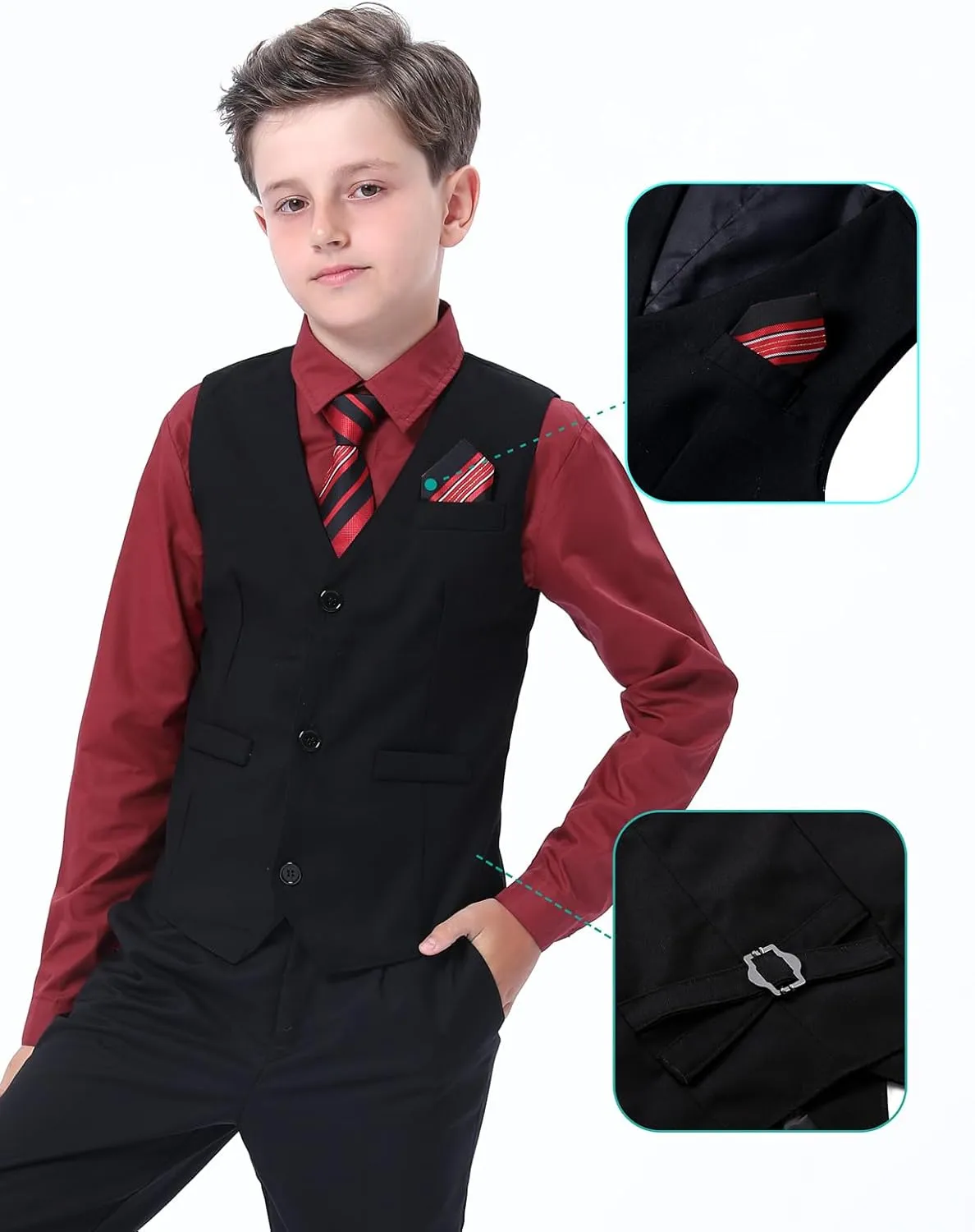 A&J DESIGN Boys 6-Piece Formal Suit Vest and Pant Set with Dress Shirts, Vest, Pants, Tie, Bowtie and Pocket Square