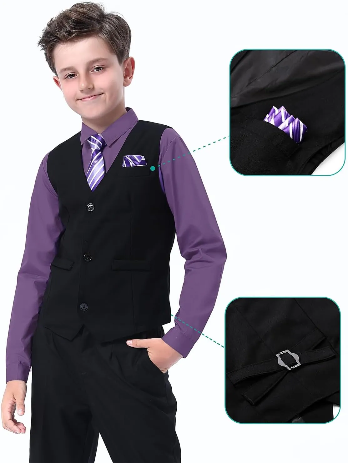 A&J DESIGN Boys 6-Piece Formal Suit Vest and Pant Set with Dress Shirts, Vest, Pants, Tie, Bowtie and Pocket Square