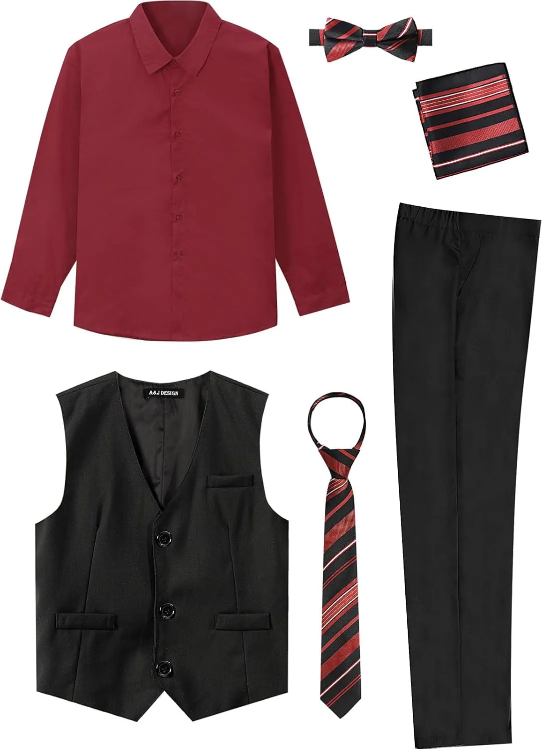 A&J DESIGN Boys 6-Piece Formal Suit Vest and Pant Set with Dress Shirts, Vest, Pants, Tie, Bowtie and Pocket Square