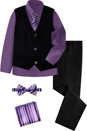 A&J DESIGN Boys 6-Piece Formal Suit Vest and Pant Set with Dress Shirts, Vest, Pants, Tie, Bowtie and Pocket Square