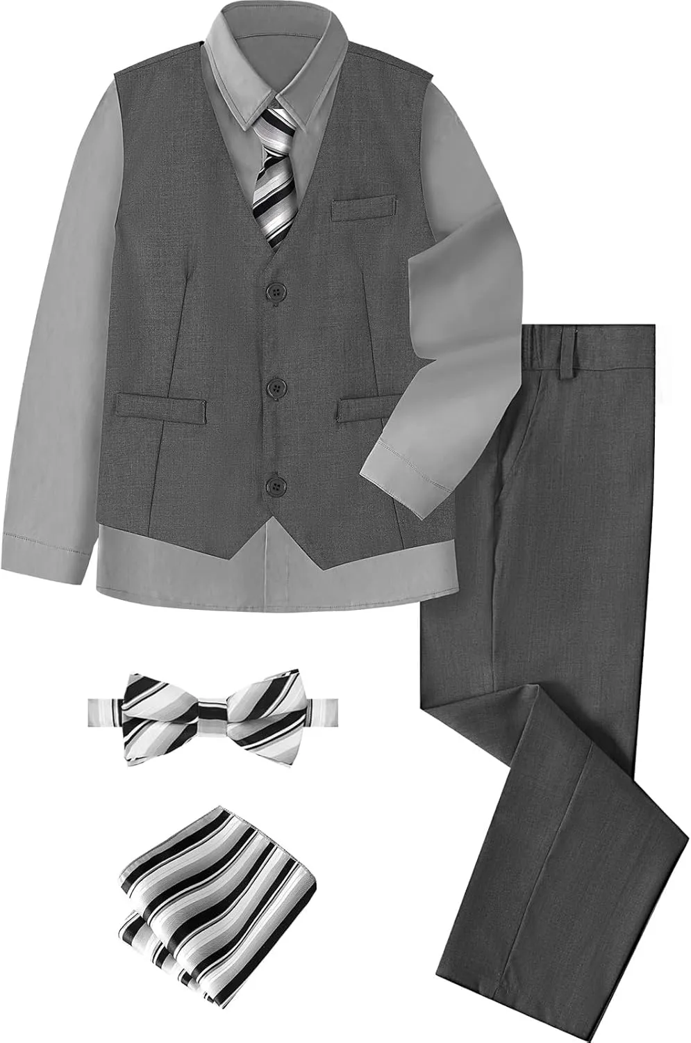 A&J DESIGN Boys 6-Piece Formal Suit Vest and Pant Set with Dress Shirts, Vest, Pants, Tie, Bowtie and Pocket Square