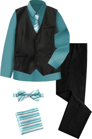 A&J DESIGN Boys 6-Piece Formal Suit Vest and Pant Set with Dress Shirts, Vest, Pants, Tie, Bowtie and Pocket Square