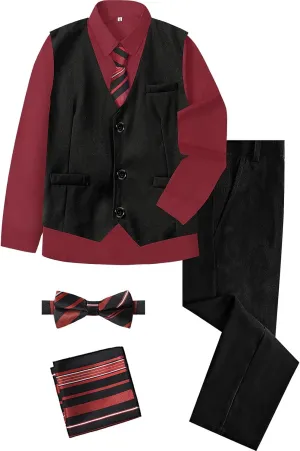 A&J DESIGN Boys 6-Piece Formal Suit Vest and Pant Set with Dress Shirts, Vest, Pants, Tie, Bowtie and Pocket Square