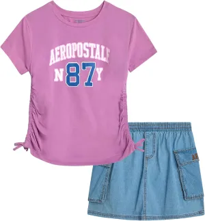 AEROPOSTALE Girls' Skort Set - 2 Piece Jersey Graphic Tee and Twill Cargo Scooter Skorts - Summer Outfit for Girls (7-16)