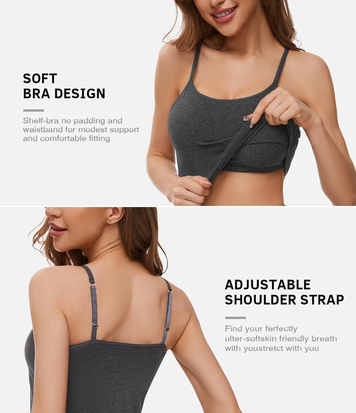 Air Curvey 3-Pack Womens Short Camisole Built in Bra Cotton Crop Tops Adjustable Spaghetti Strap Tank Tops