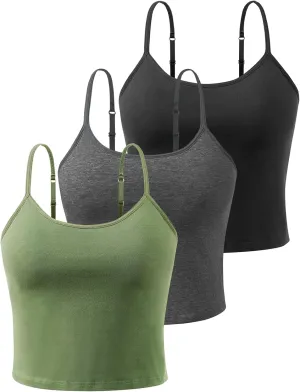 Air Curvey 3-Pack Womens Short Camisole Built in Bra Cotton Crop Tops Adjustable Spaghetti Strap Tank Tops