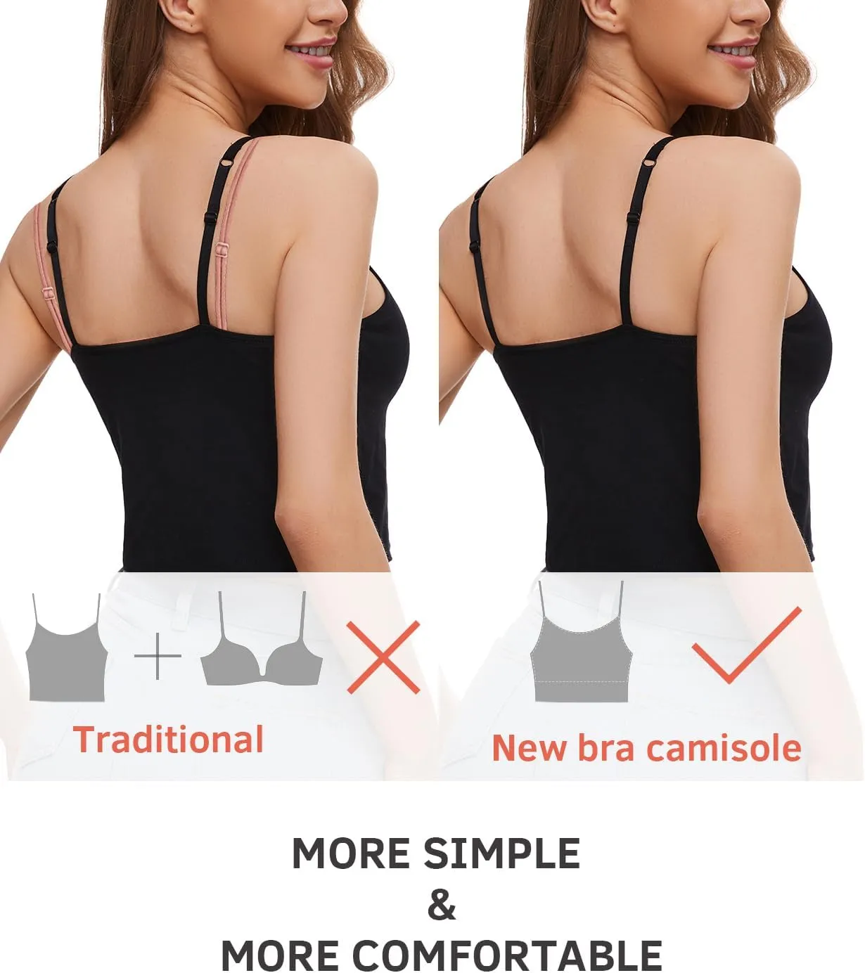 Air Curvey 3-Pack Womens Short Camisole Built in Bra Cotton Crop Tops Adjustable Spaghetti Strap Tank Tops