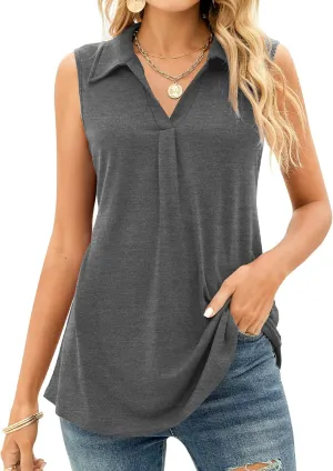 AKEWEI Sleeveless Tops for Women - Summer V Neck Casual Tank Tops Loose Solid Collar Polo Shirts