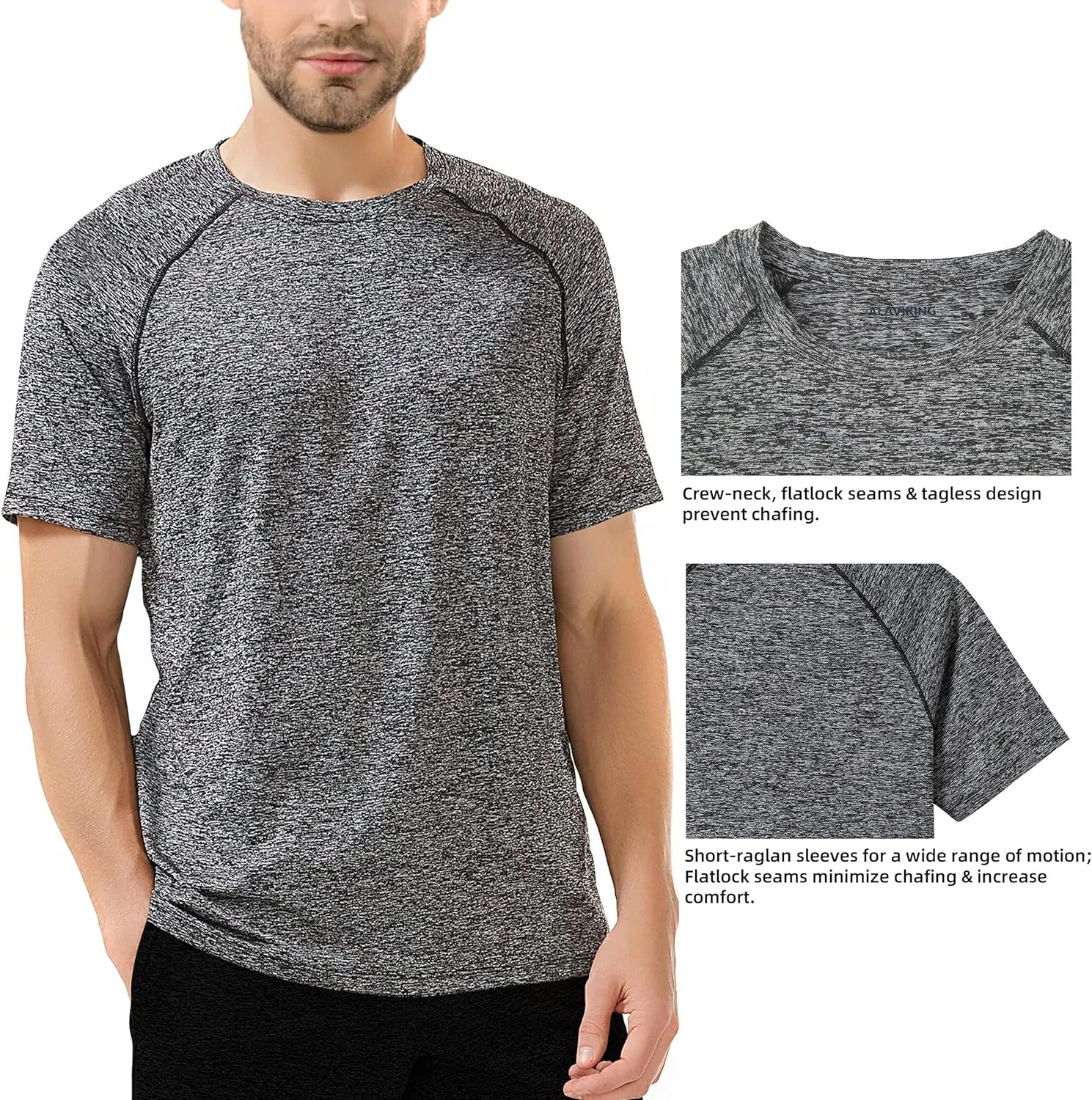 ALAVIKING Workout Shirts for Men Quick Dry Running Gym Athletic T Shirts Moisture Wicking Short Sleeve Fitness Crew Neck