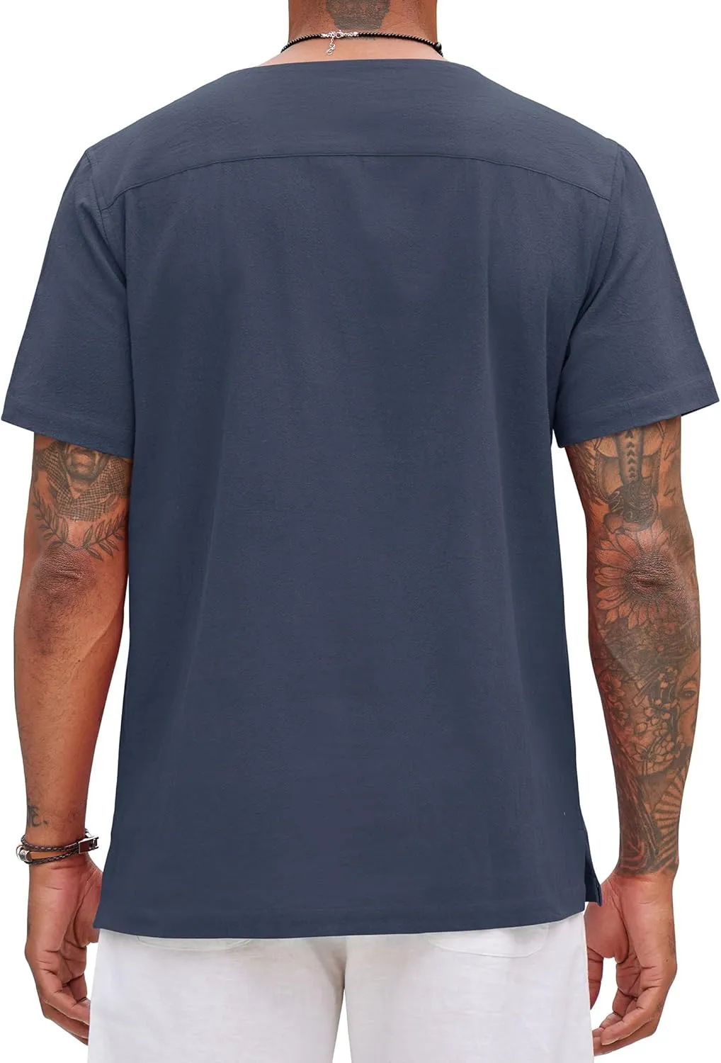 Alimens & Gentle Mens Cotton Linen Shirts Short Sleeve Casual Hippie Summer Shirts Beach Lace Up Hawaiian Camp Shirt