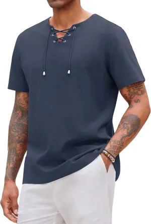 Alimens & Gentle Mens Cotton Linen Shirts Short Sleeve Casual Hippie Summer Shirts Beach Lace Up Hawaiian Camp Shirt