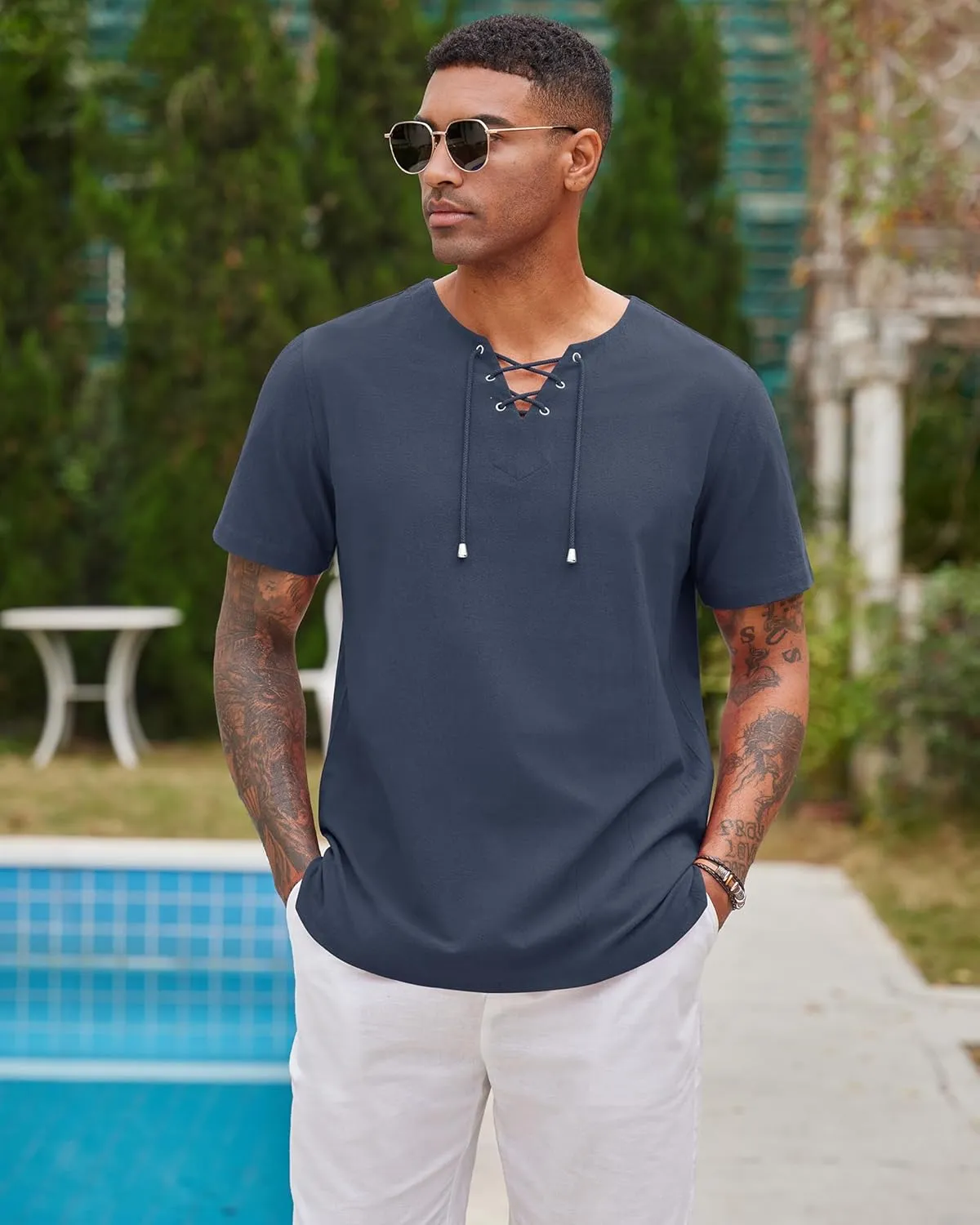 Alimens & Gentle Mens Cotton Linen Shirts Short Sleeve Casual Hippie Summer Shirts Beach Lace Up Hawaiian Camp Shirt