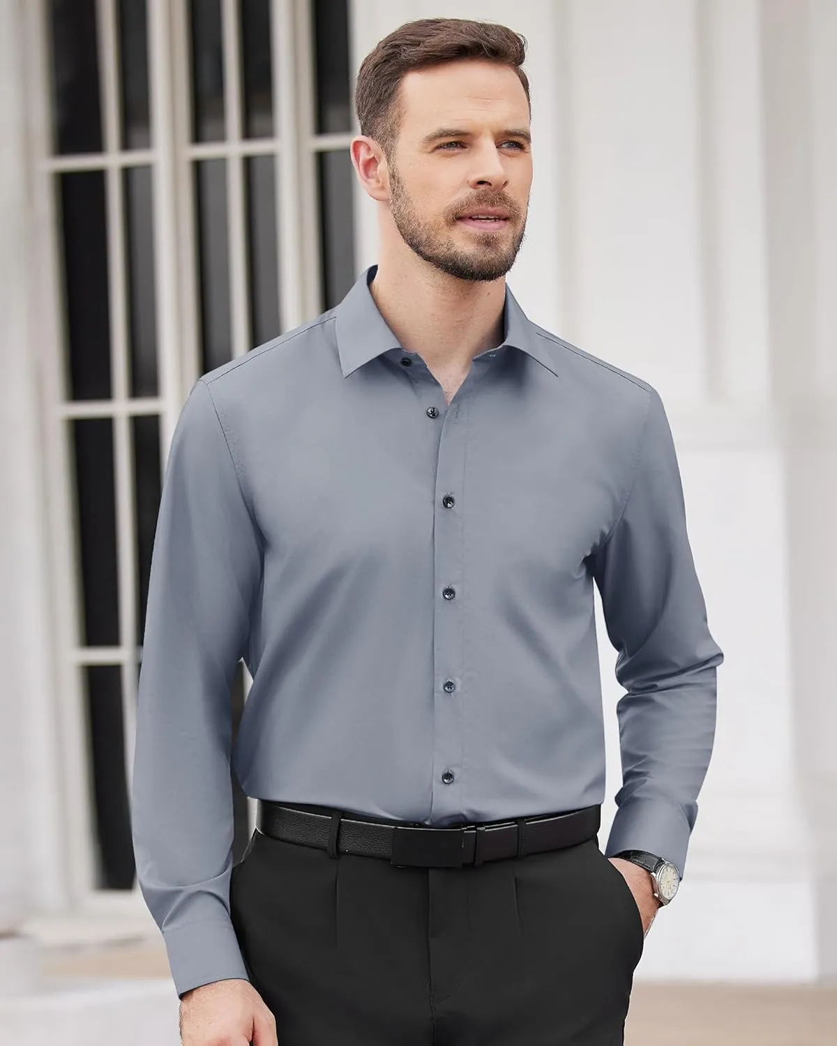 Alimens & Gentle Mens Dress Shirts Long Sleeve Wrinkle-Free Formal Shirts Wedding Dating Business Casual Button Down Shirt