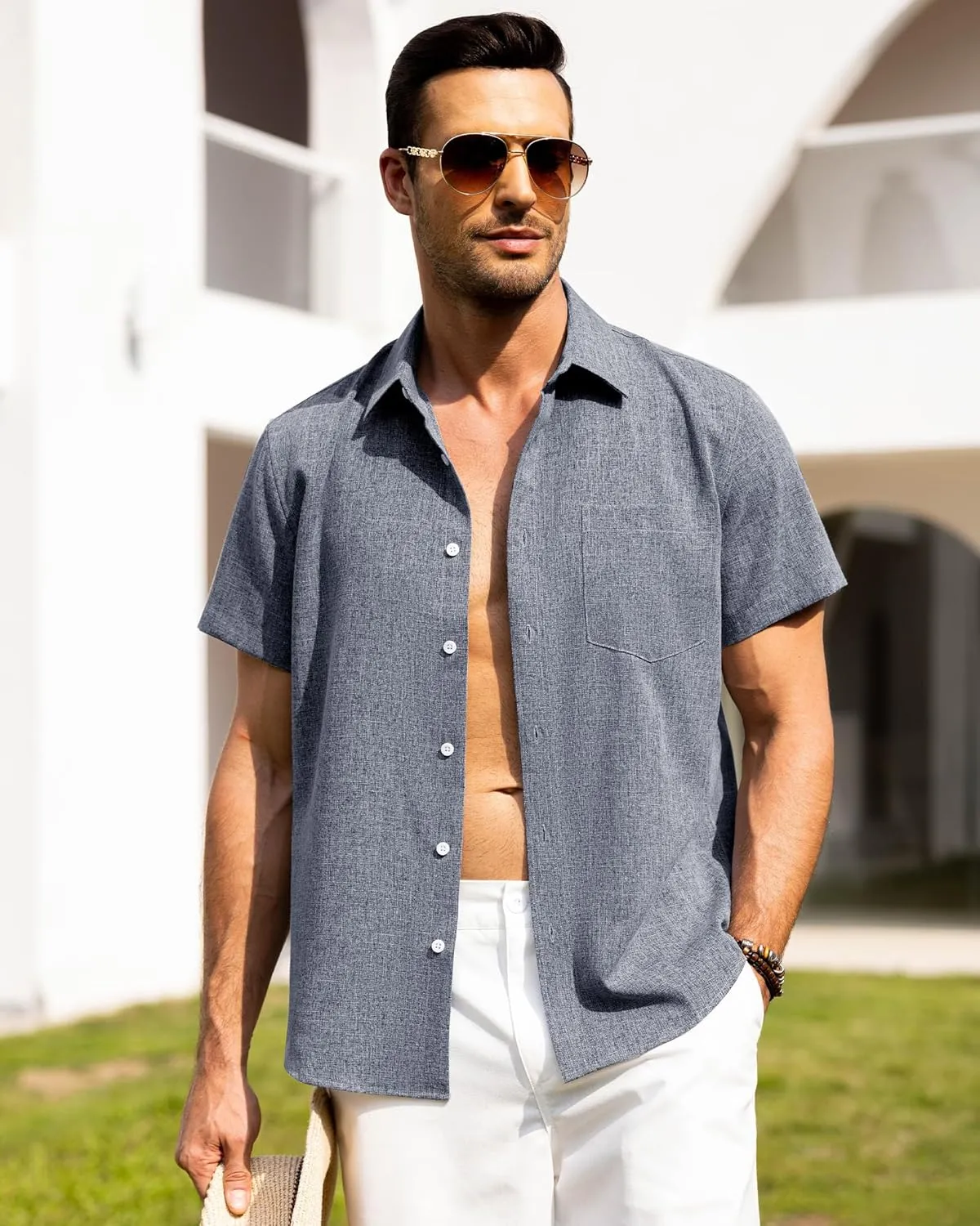 Alimens & Gentle Mens Linen Shirts Short Sleeve Button Down Shirts Wrinkle Free Casual Vacation Beach Summer Tops