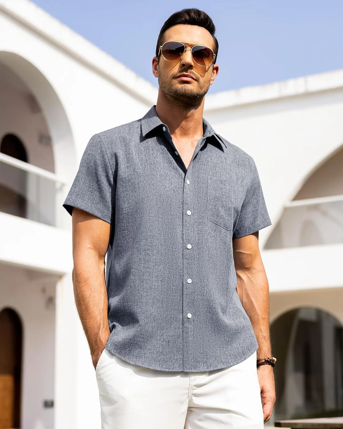 Alimens & Gentle Mens Linen Shirts Short Sleeve Button Down Shirts Wrinkle Free Casual Vacation Beach Summer Tops