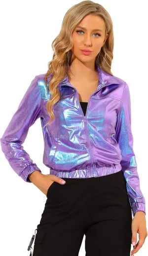 Allegra K Women's Holographic Shiny Party Christmas Long Sleeve Lightweight Zipper Metallic Jacket