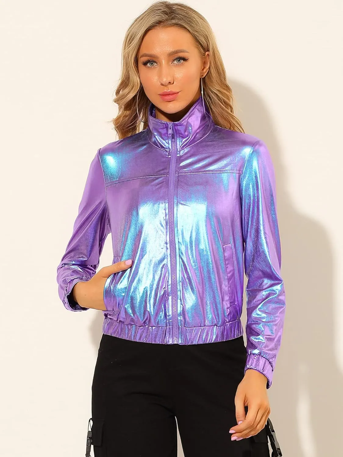 Allegra K Women's Holographic Shiny Party Christmas Long Sleeve Lightweight Zipper Metallic Jacket