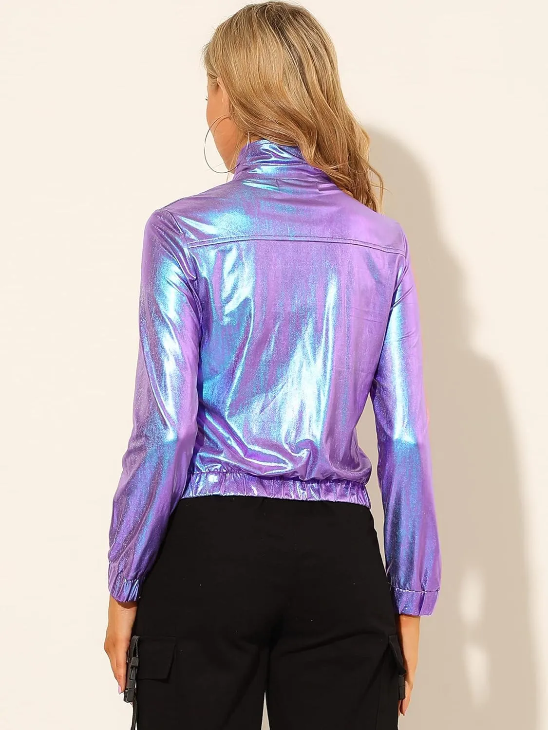 Allegra K Women's Holographic Shiny Party Christmas Long Sleeve Lightweight Zipper Metallic Jacket