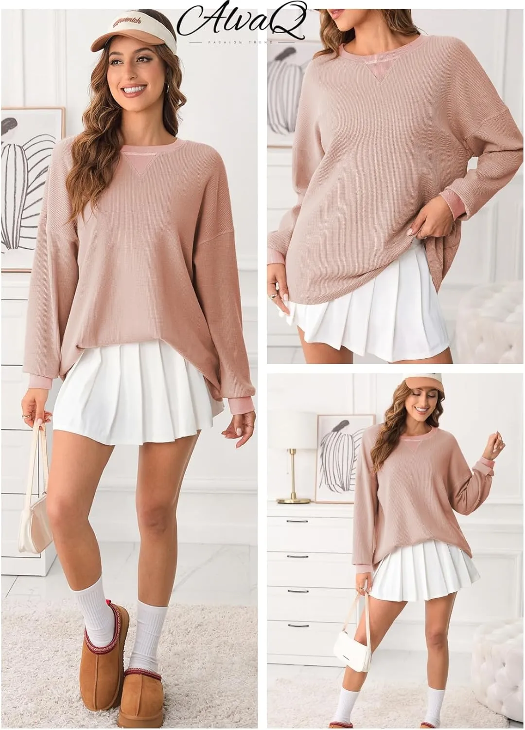 AlvaQ Long Sleeve Shirts for Women Fall Fashion 2024 Dressy Casual Blouses Trendy Waffle Knit Tunic Tops