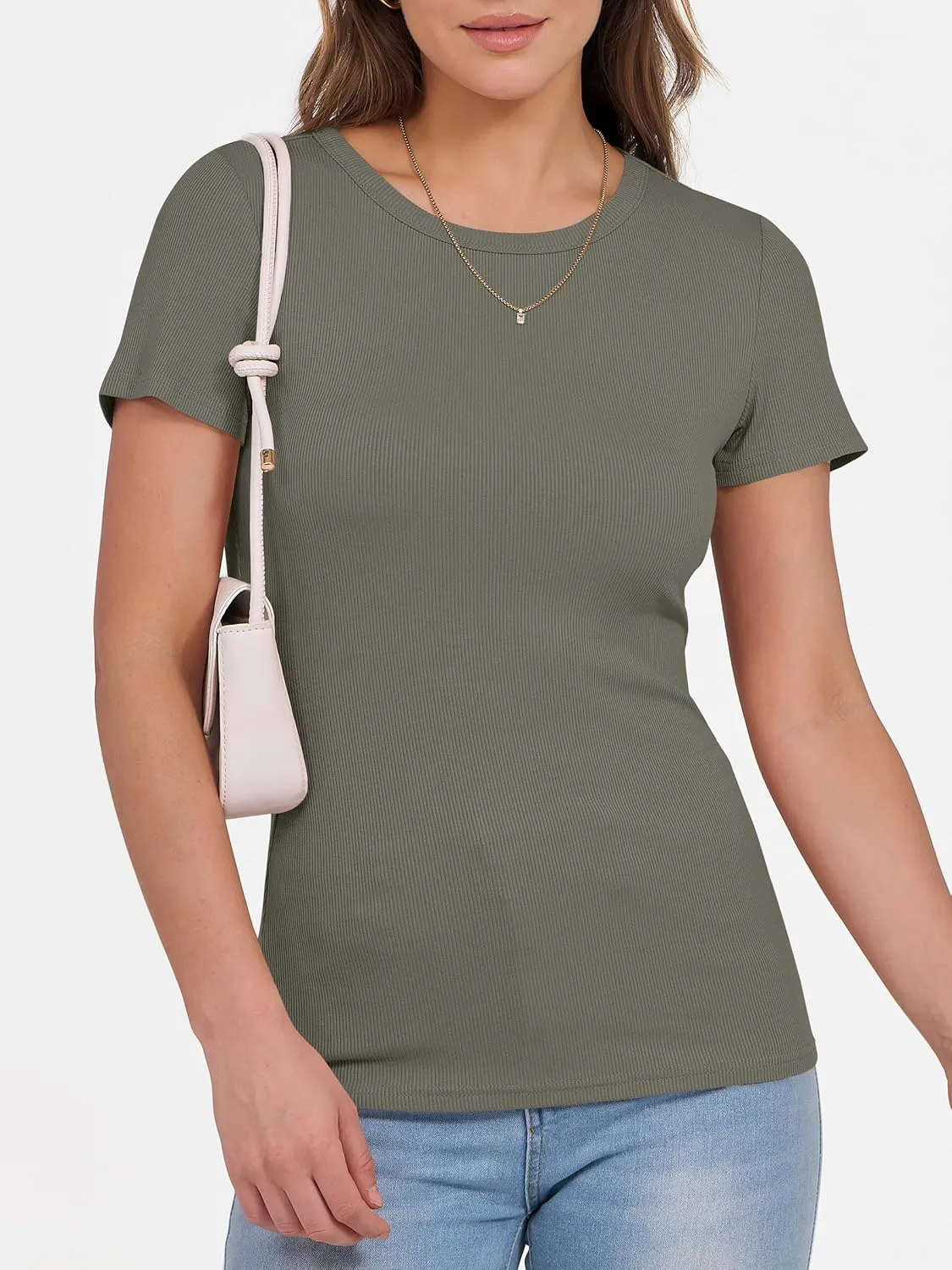 ANRABESS Women Short Sleeve Crewneck Ribbed Knit Slim Fitted Shirts Summer Tops Basic Tee T-Shirt Casual Spring 2025 Clothes