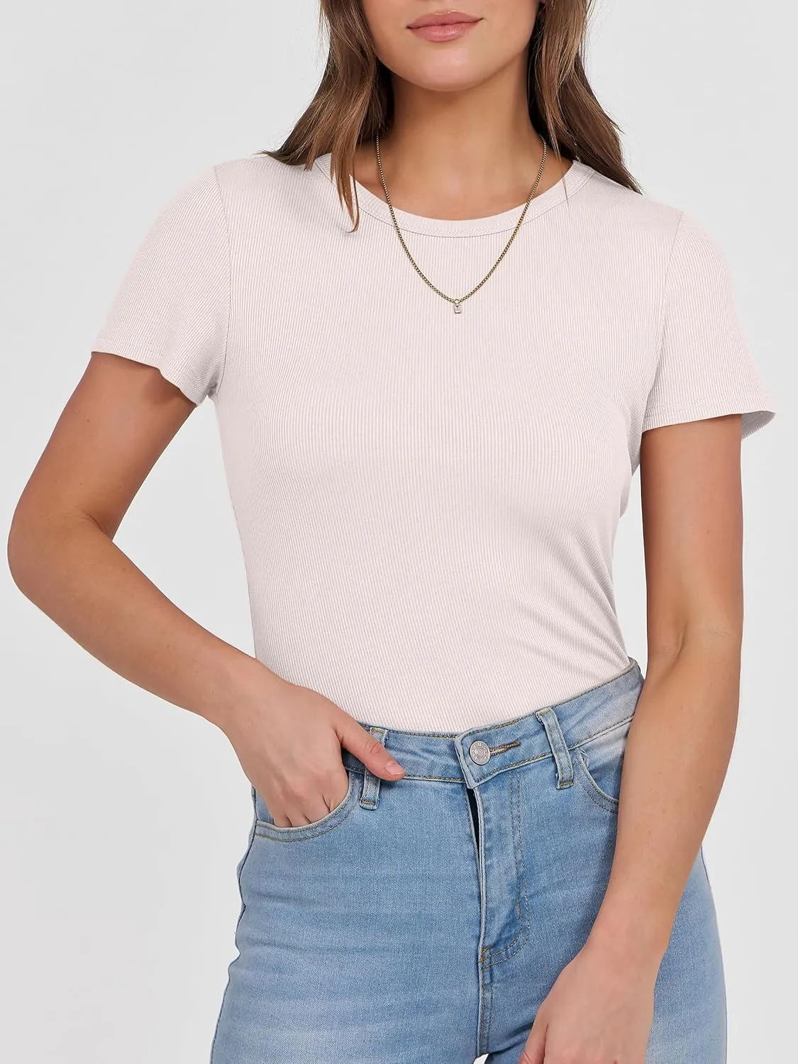 ANRABESS Women Short Sleeve Crewneck Ribbed Knit Slim Fitted Shirts Summer Tops Basic Tee T-Shirt Casual Spring 2025 Clothes