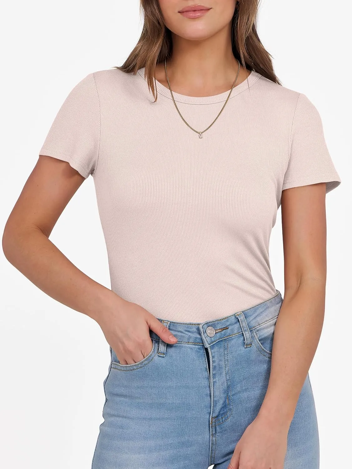 ANRABESS Women Short Sleeve Crewneck Ribbed Knit Slim Fitted Shirts Summer Tops Basic Tee T-Shirt Casual Spring 2025 Clothes