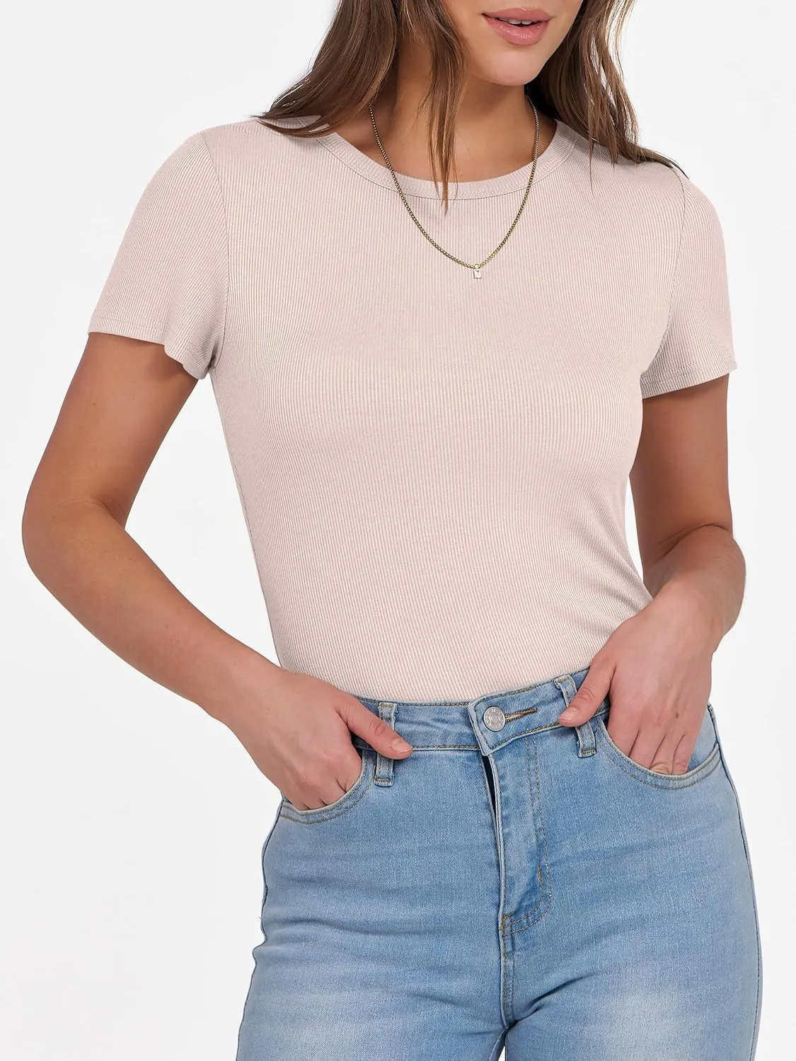ANRABESS Women Short Sleeve Crewneck Ribbed Knit Slim Fitted Shirts Summer Tops Basic Tee T-Shirt Casual Spring 2025 Clothes