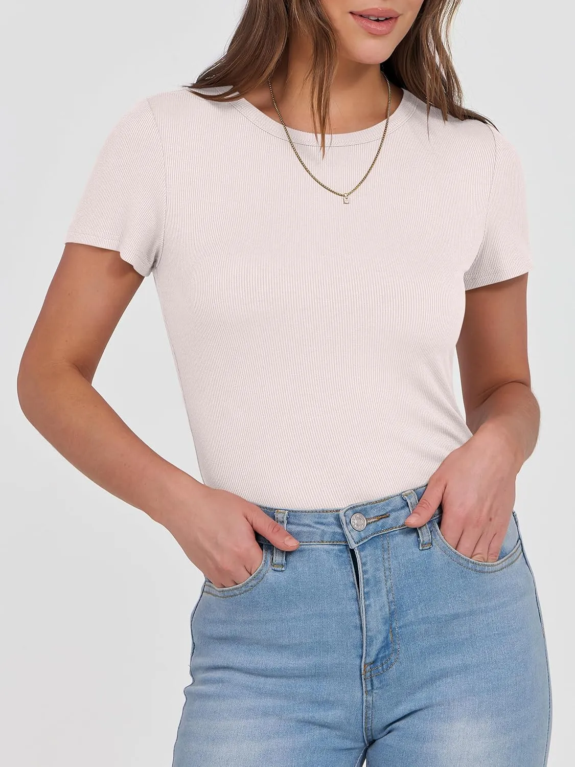 ANRABESS Women Short Sleeve Crewneck Ribbed Knit Slim Fitted Shirts Summer Tops Basic Tee T-Shirt Casual Spring 2025 Clothes