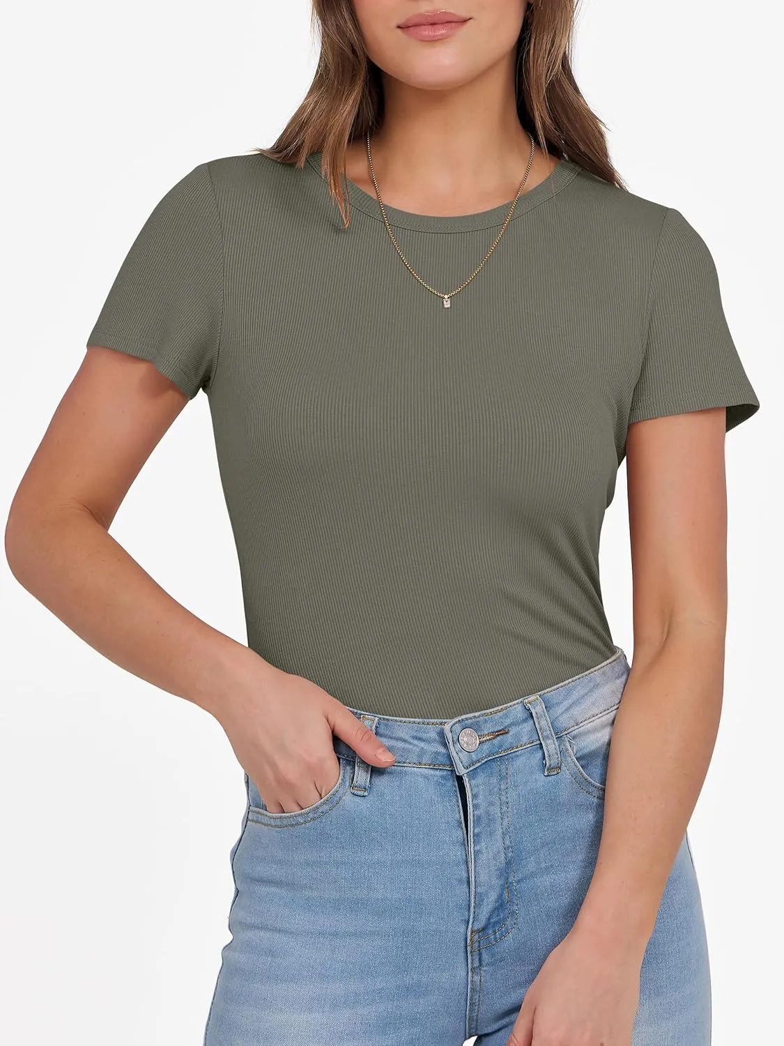 ANRABESS Women Short Sleeve Crewneck Ribbed Knit Slim Fitted Shirts Summer Tops Basic Tee T-Shirt Casual Spring 2025 Clothes