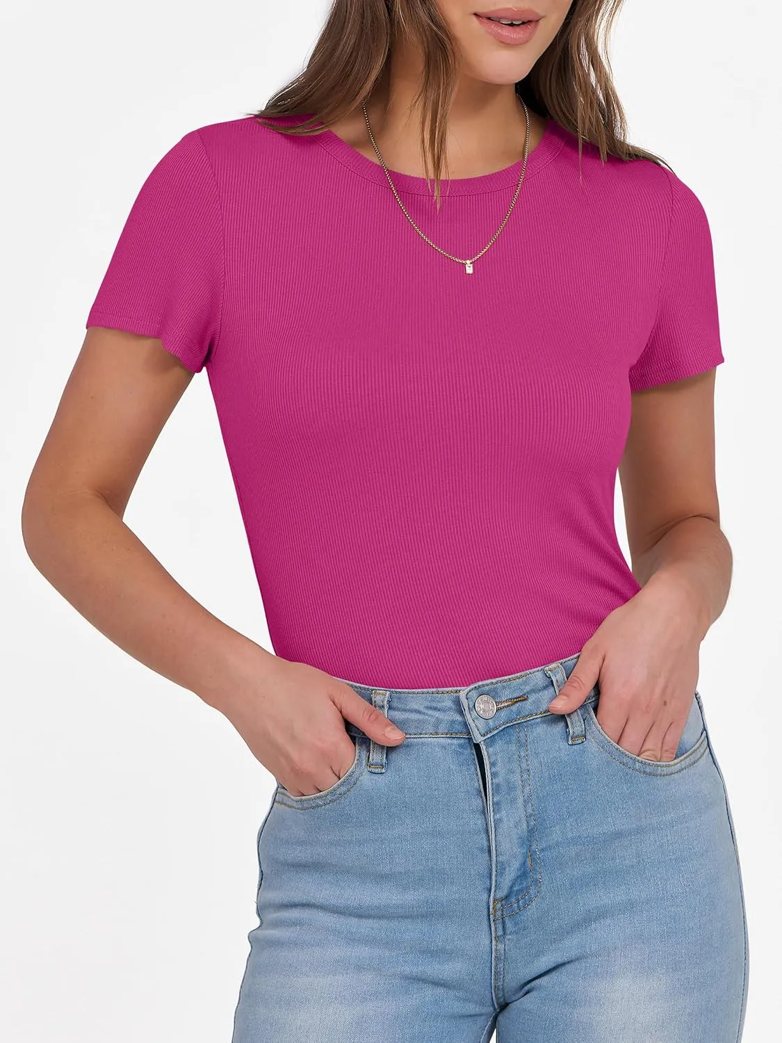 ANRABESS Women Short Sleeve Crewneck Ribbed Knit Slim Fitted Shirts Summer Tops Basic Tee T-Shirt Casual Spring 2025 Clothes