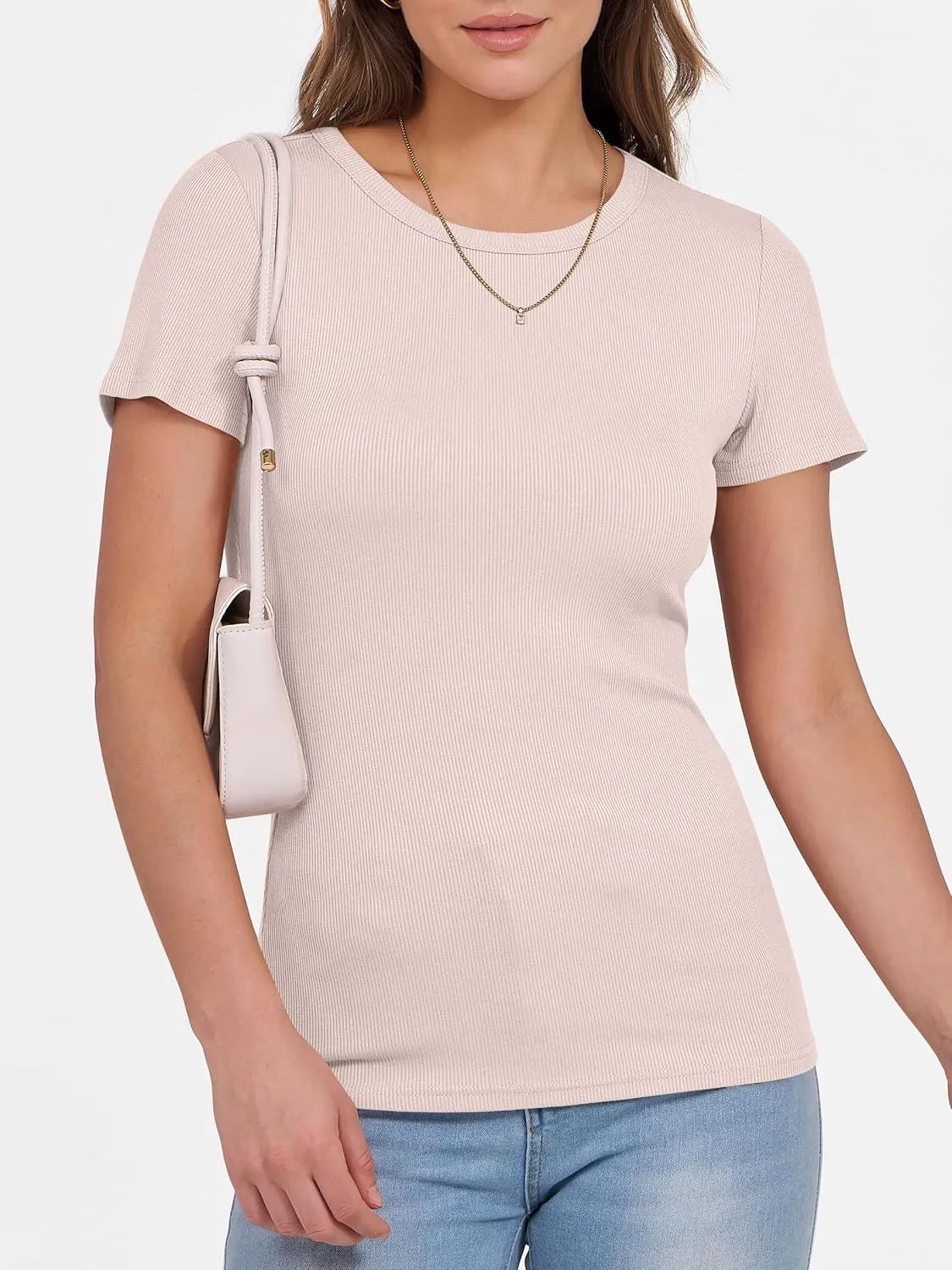ANRABESS Women Short Sleeve Crewneck Ribbed Knit Slim Fitted Shirts Summer Tops Basic Tee T-Shirt Casual Spring 2025 Clothes