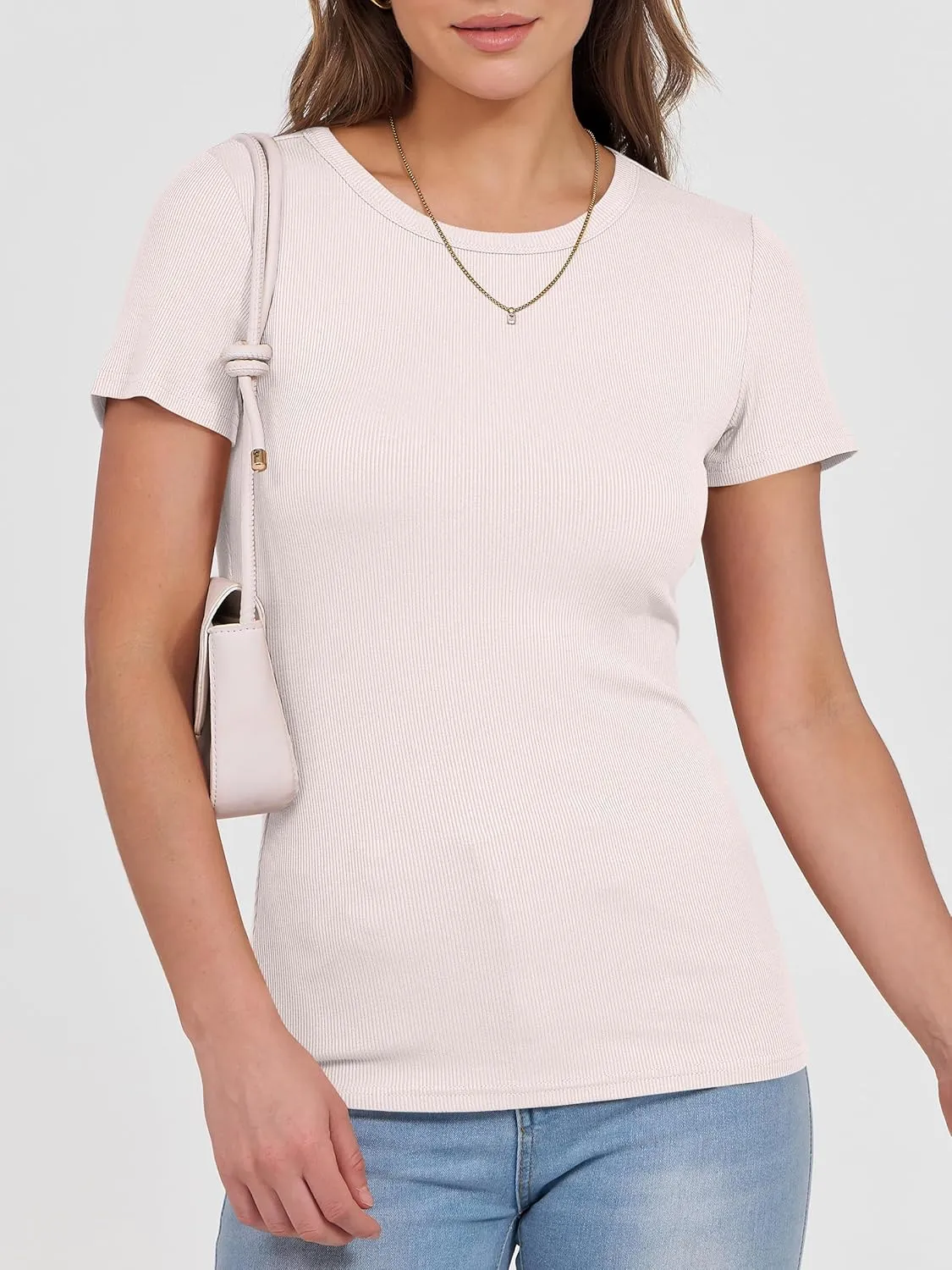 ANRABESS Women Short Sleeve Crewneck Ribbed Knit Slim Fitted Shirts Summer Tops Basic Tee T-Shirt Casual Spring 2025 Clothes