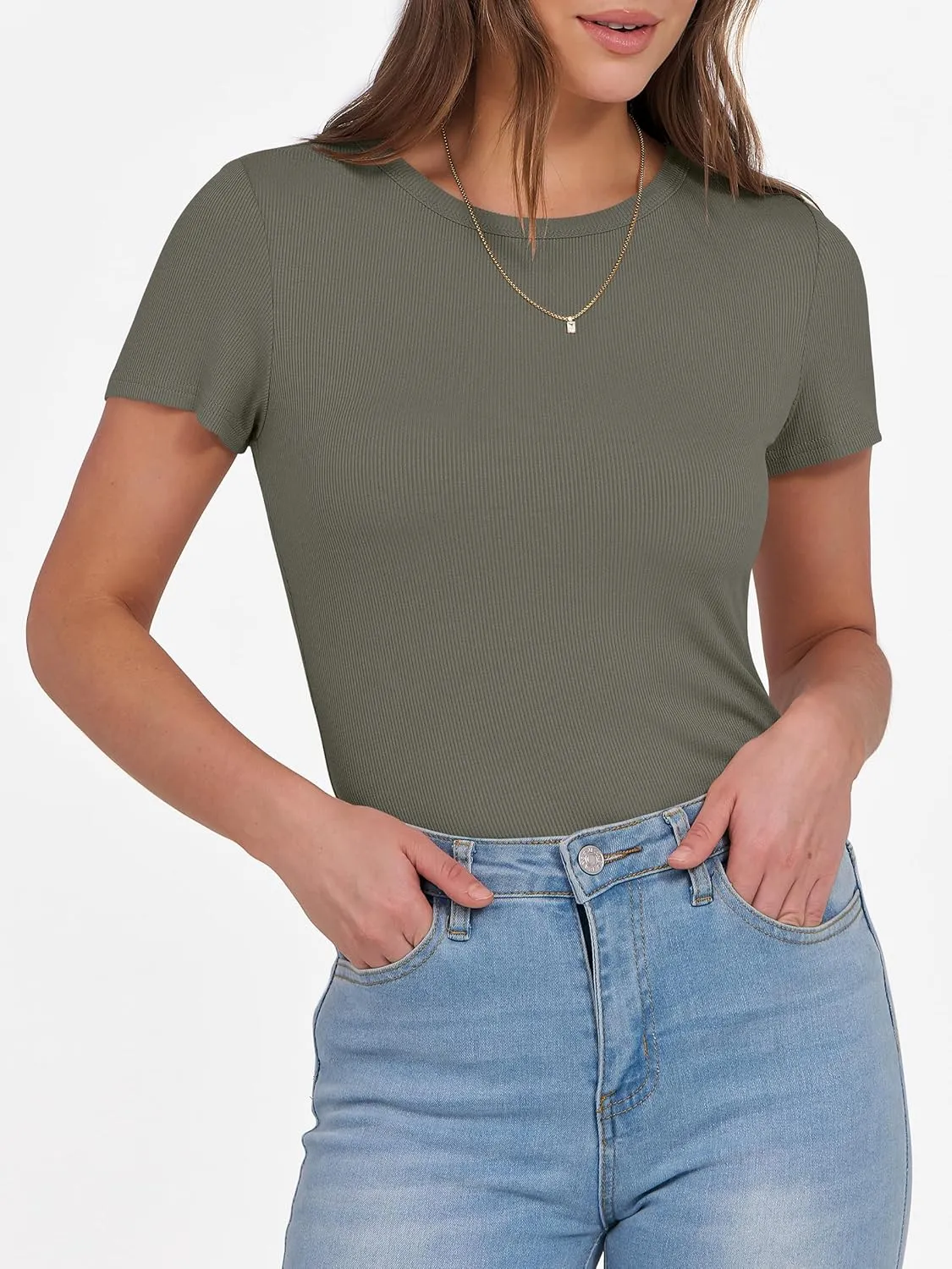 ANRABESS Women Short Sleeve Crewneck Ribbed Knit Slim Fitted Shirts Summer Tops Basic Tee T-Shirt Casual Spring 2025 Clothes
