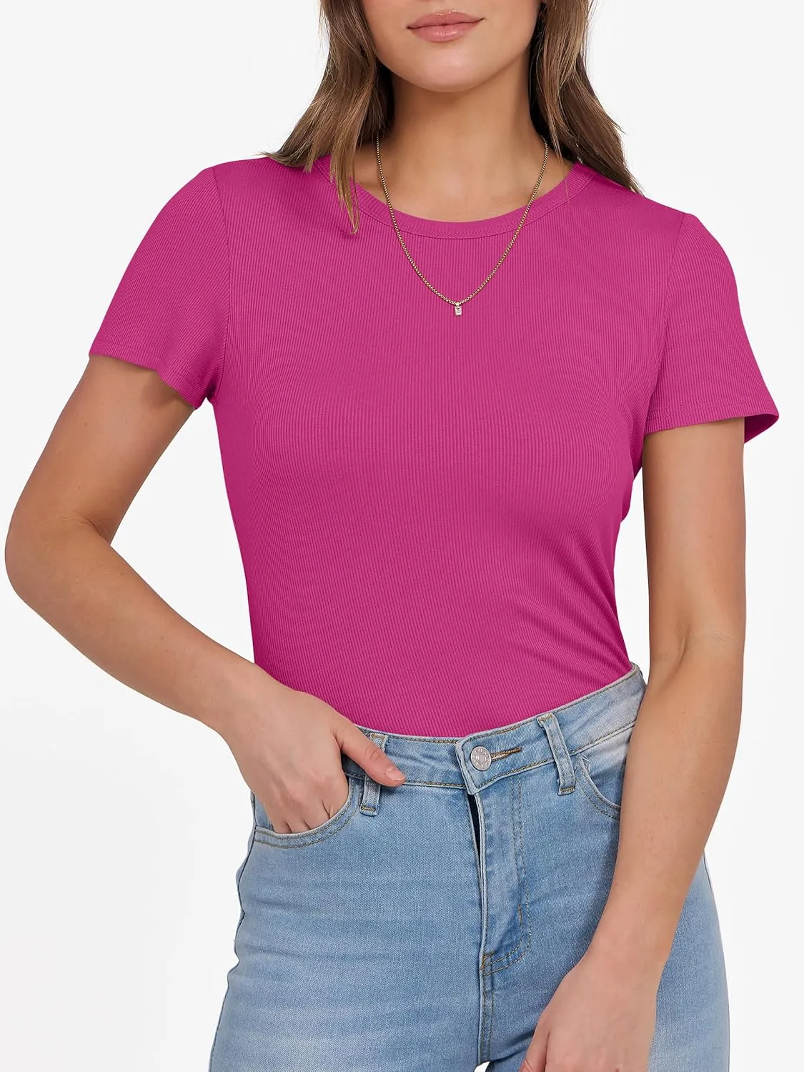 ANRABESS Women Short Sleeve Crewneck Ribbed Knit Slim Fitted Shirts Summer Tops Basic Tee T-Shirt Casual Spring 2025 Clothes