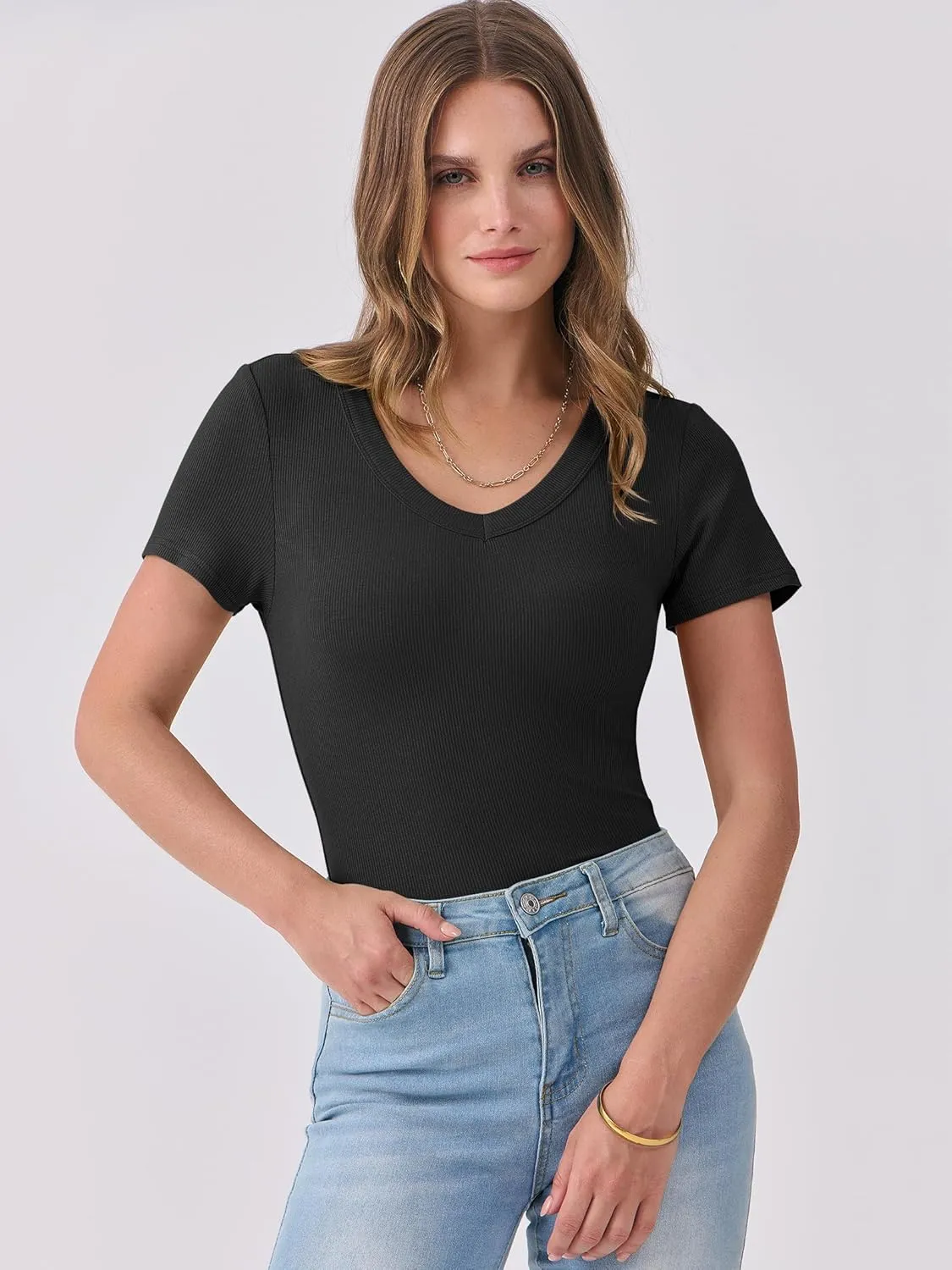 ANRABESS Women Short Sleeve V Neck Ribbed Knit Fitted Shirts Basic Tees Tops 2025 Summer Casual T-Shirts Going Out Outfits