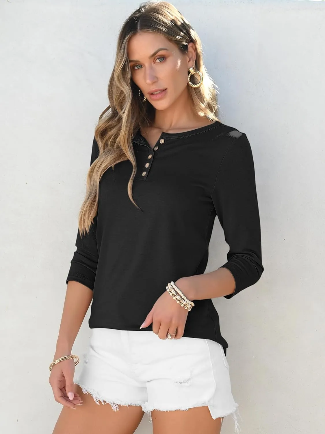 ANRABESS Womens 3/4 Sleeve Tops Henley Shirts Casual Trendy Button T Shirts 2025 Summer Basic Tunic