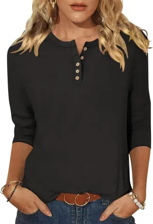 ANRABESS Womens 3/4 Sleeve Tops Henley Shirts Casual Trendy Button T Shirts 2025 Summer Basic Tunic